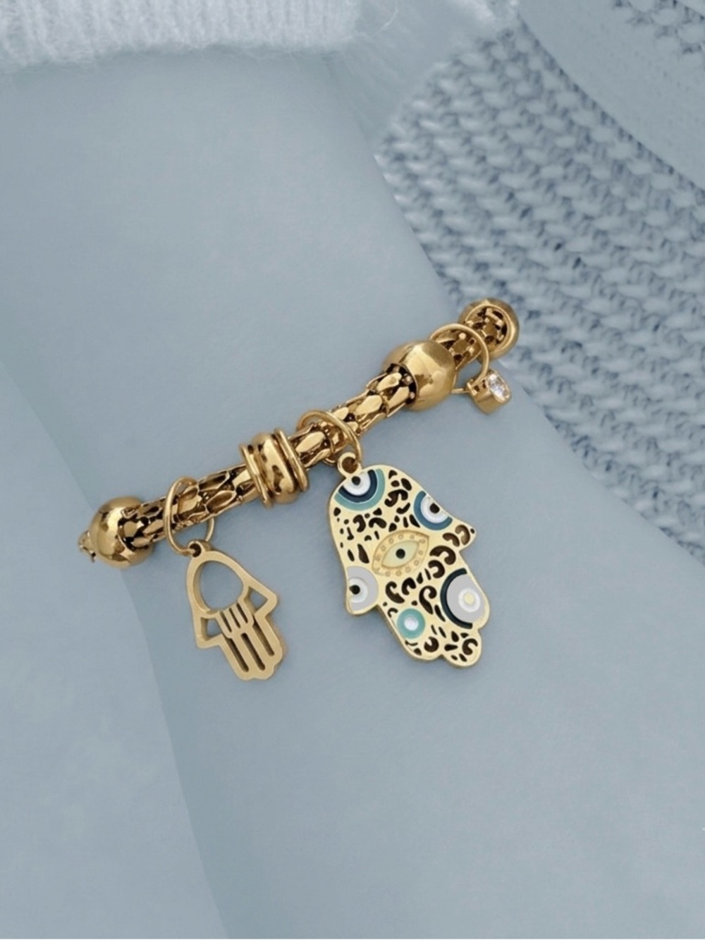 “Lacey Hamsa Hand” Hand of Fatima Miriam God Evil Eye Ornate Gold Steel Bracelet